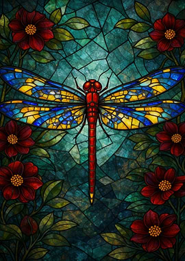 Dragonfly and Flowers Stained Glass Art