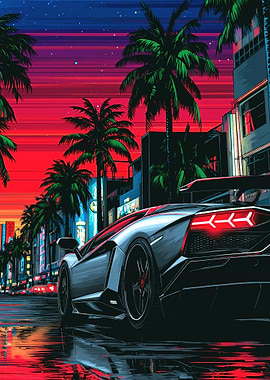 Lamborghini on Neon City Street