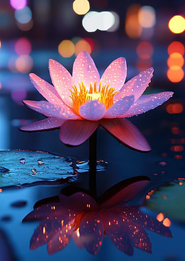 Pink Lotus Flower in Water Reflection