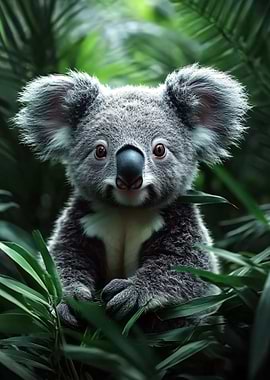 Cute Koala Portrait in Lush Foliage