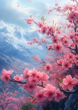 Pink Cherry Blossoms with Mountain Backdrop