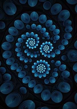 Blue Fractal Blossom Spiral — Abstract Digital Floral Pattern
