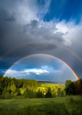 Double Rainbow Over Green Landscape