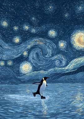 Penguin Ice Skating Starry Night Painting