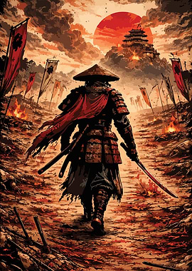 Samurai Warrior in a War-Torn Battlefield