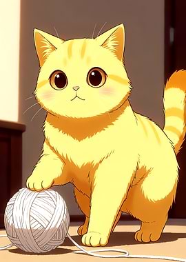 Cute Yellow Cat with Yarn Ball