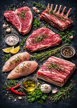 Raw Meat Assortment with Herbs and Spices