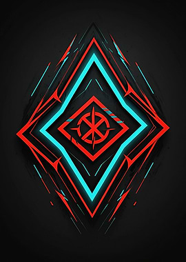 Futuristic Neon Diamond Emblem — Cyan & Red Geometric Digital Art
