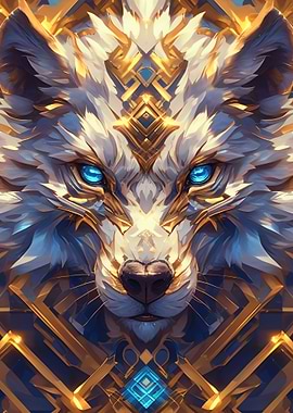 Golden Wolf Portrait with Blue Eyes