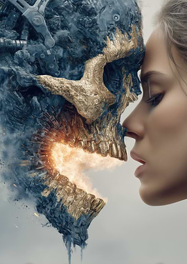 Woman and Mechanical Skull Face to Face