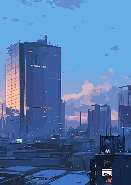 Cityscape Digital Art with Blue Tones