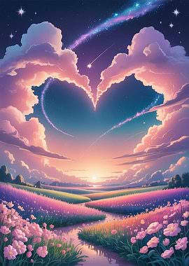 Dreamy Landscape with Heart-Shaped Clouds