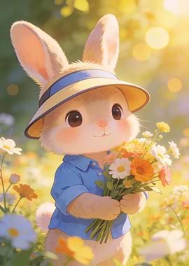 Cute Bunny with Flowers in Meadow