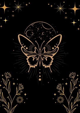 Butterfly and Moon Gold Illustration