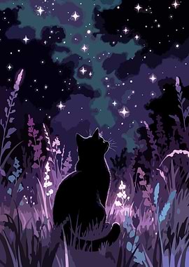 Black Cat Gazing at Stars Art