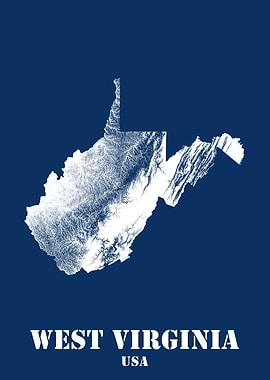 West Virginia USA State Minimalist White Topographic Contour Map featuring terrain on navy blue background