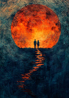 Couple Walking Towards a Fiery Sunset