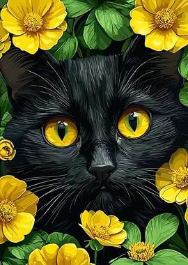 Black Cat with Yellow Flowers