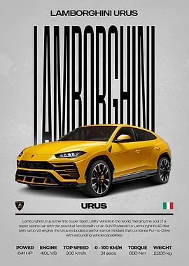 Lamborghini Urus Yellow Car Poster