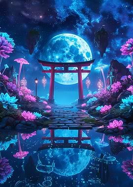 Mystical Torii Gate and Moonlit Garden