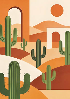 Desert Landscape with Cacti and Arches