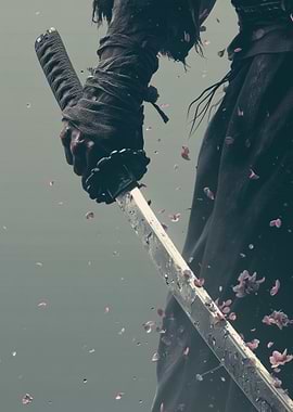 Samurai Sword with Falling Cherry Blossoms
