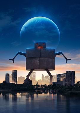 Robot over Cityscape with Planet