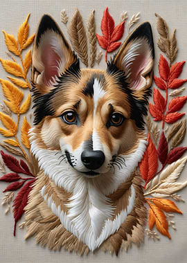 Corgi Dog Portrait with Autumn Leaves
