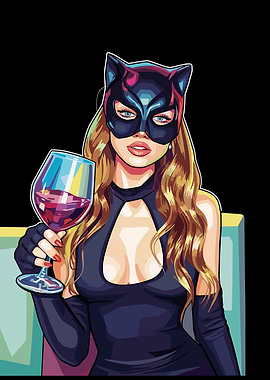 Woman in Cat Mask with Wine