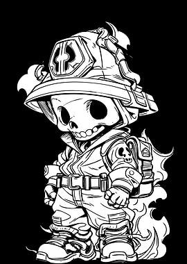 Cartoon Skeleton Firefighter in Black and White