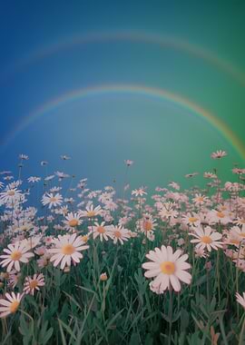 Daisy Field Under a Double Rainbow