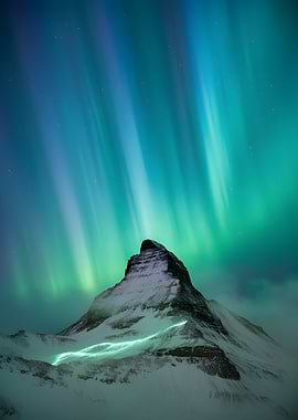 Aurora Borealis over Snowy Mountain Peak