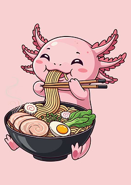 Axolotl Eating Ramen Poster, Cute Kawaii Axolotl Art, Japanese Food Cartoon Wall Print