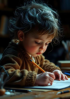 A beautiful Child Focused on Writing with Pencil