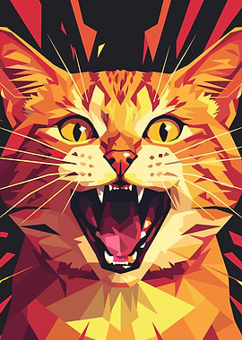 Geometric Cat Portrait with Open Mouth