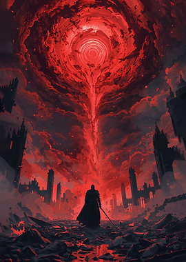 Dark Fantasy Warrior in Ruined City