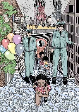 Surreal Urban Scene with Children and Guards