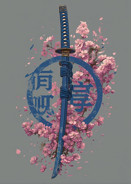Blue Katana with Cherry Blossoms