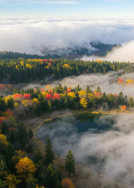 Autumnal Forest Lake in Misty Landscape
