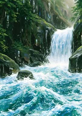 Lush Waterfall Landscape Painting