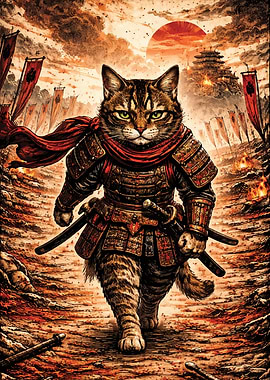 Samurai Cat Warrior in Japan Battlefield