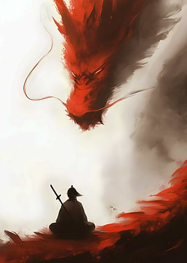 Samurai and Red Dragon Confrontation Art