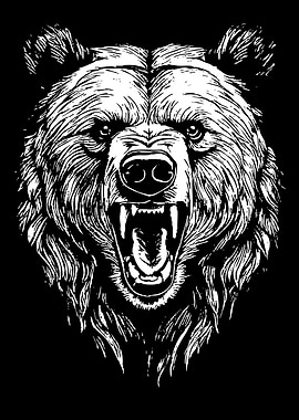 Roaring Bear Head Black and White