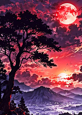 Red Moon Over Mountain Landscape