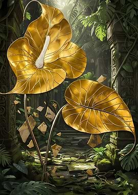 Golden Anthurium Flowers in Jungle Ruins