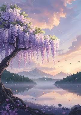 Wisteria Tree by Lake at Sunset