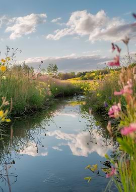 Tranquil Stream Through a Flower Meadow