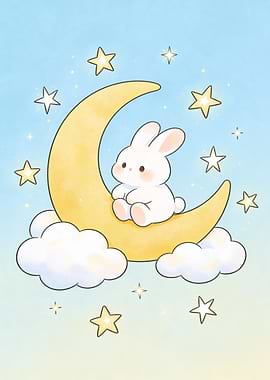 Cute Bunny on Moon with Stars