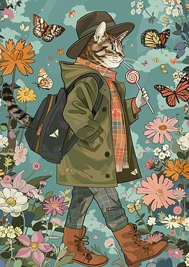Anthropomorphic Cat in Floral Landscape