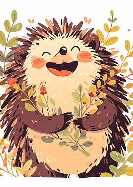 Happy Hedgehog with Flowers Illustration